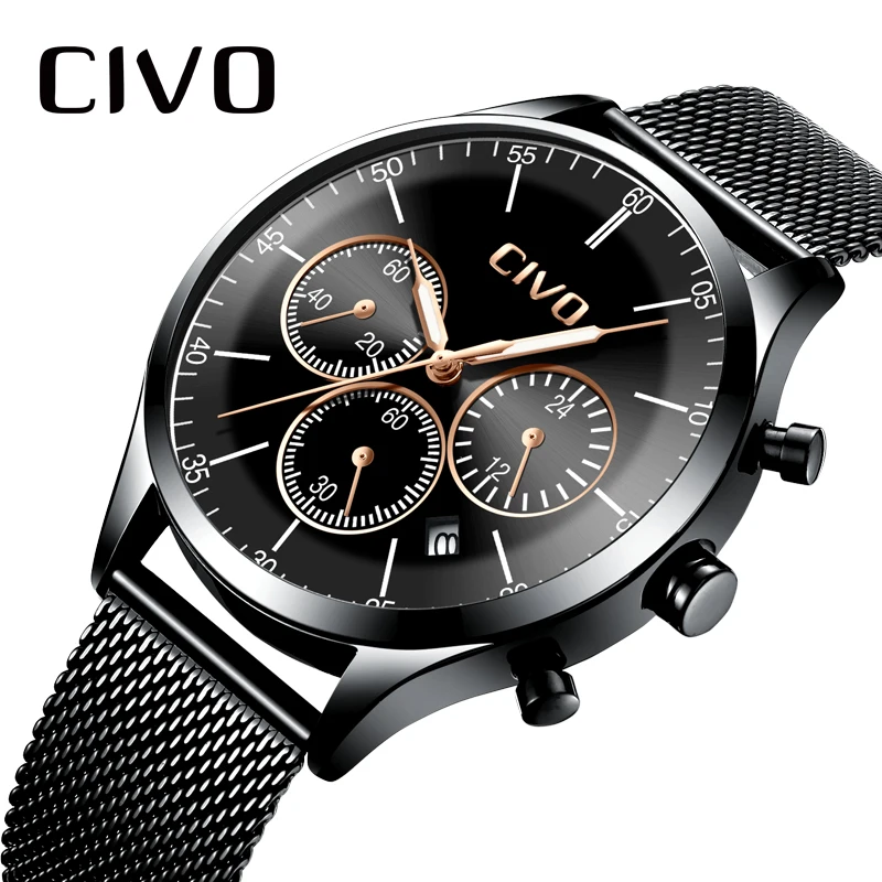 

CIVO Top Brand Military Sports Watches Men Waterproof Chronograph Date Wrist Watch For Mens Simple Steel Mesh Quartz Wristwatch