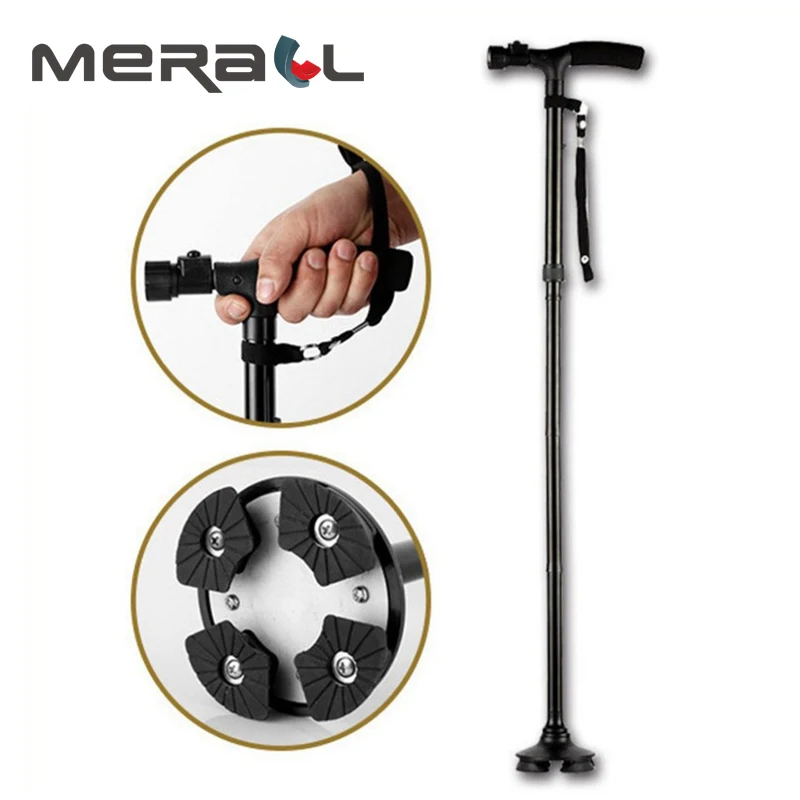 

Walking Stick Cane With LED Light &amp Carry Strap Portable Adjustable 4-Feet Black Folding Aluminium Alloy Handle Crutch