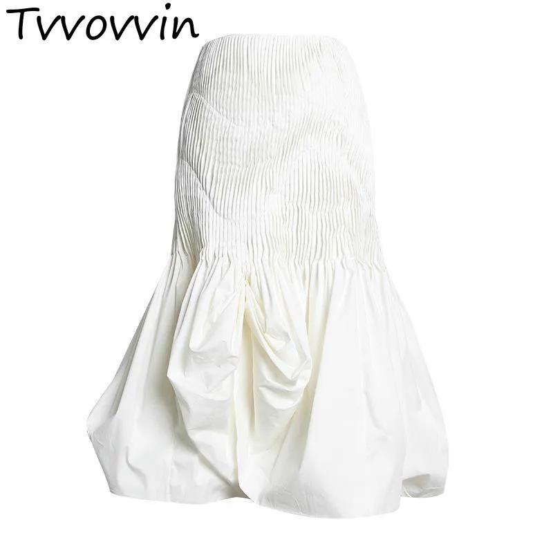 

TVVOVVIN Women Skirt High Waist Folded Irregular Skirt Cotton All Match Long White Skirts Black Retro Ladies Skirts Summer AS412