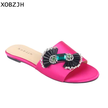 

2019 Women Summer Shoes Flat Sandals Fashion Luxury Paris Rhinestone Ladies Party Leather Fuchsia Slippers Shoe Woman Big Size