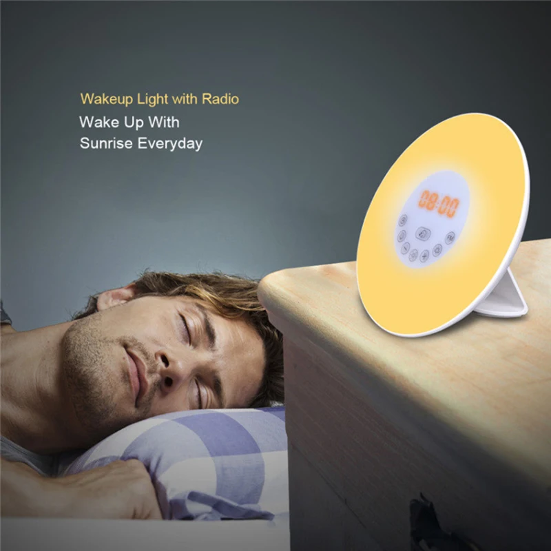 

Alarm Clock Sunrise Sunset Wake Up Light Simulation Digital Clock with FM Radio Light Nature Touch Sound Snooze Function Control