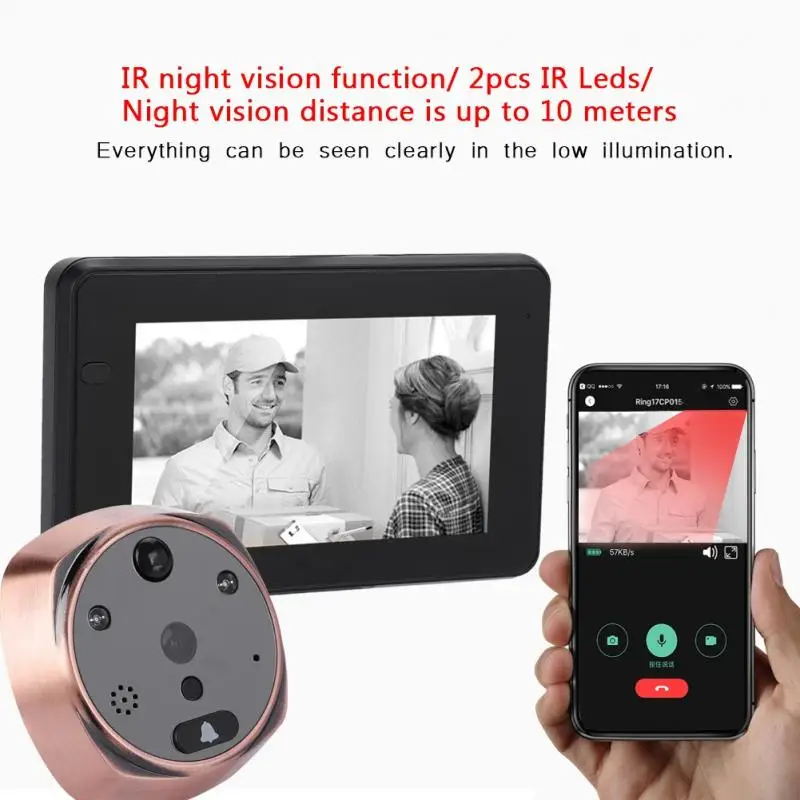 

100-240V 720P 2.4GHz Wifi Network Smart Peephole Video Doorbell Real-time Intercom Doorphone US