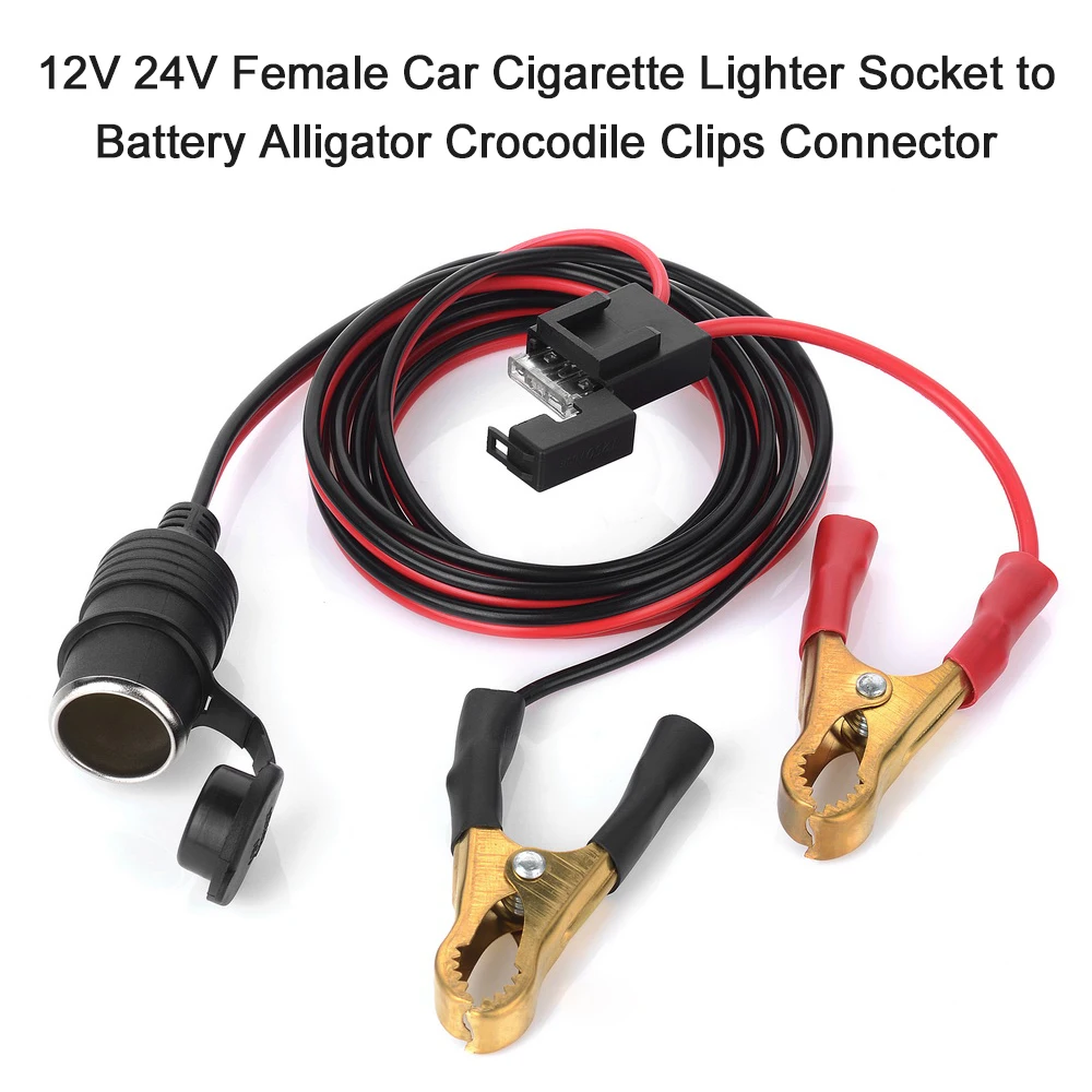 

12V 24V Female Car Cigarette Lighter Socket to Battery Alligator Clips Connector 2FT Car Battery Clamp-on Charge Cable