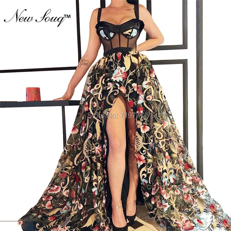 

Black Illusion Arabic Evening Dress 2019 New Arrival Prom Gown Robe De Soiree Abendkleider High Split Side Party Dress
