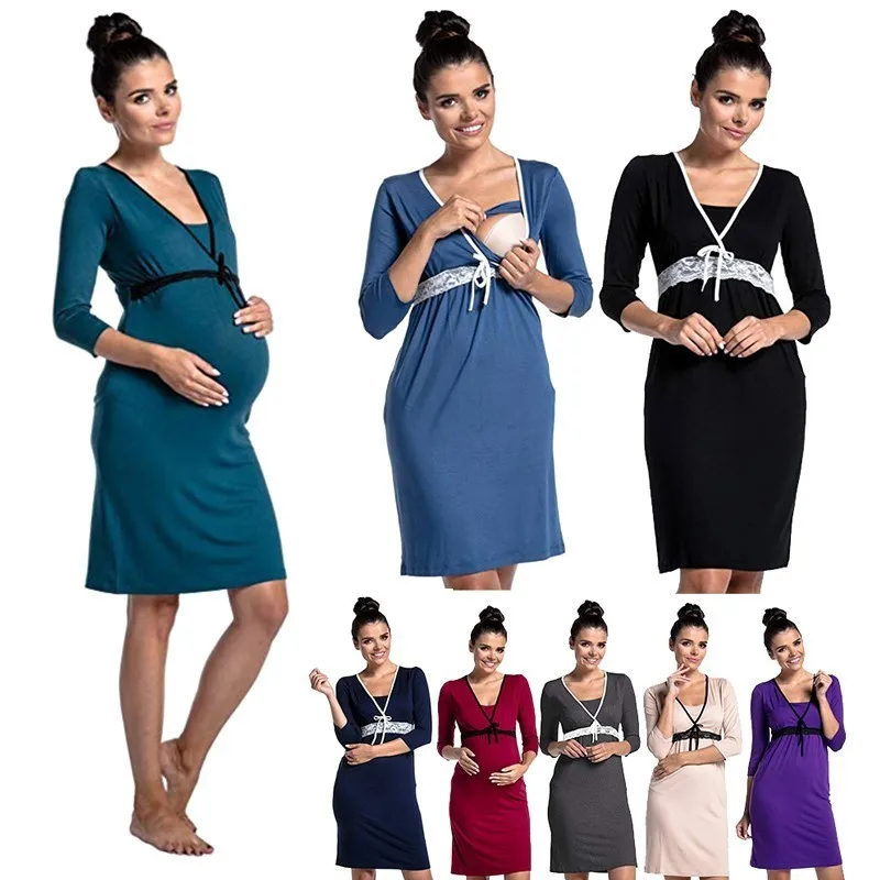 

2018 Casual Sexy V Neck Maternity Clothes Summer Autumn Pregnant Women Dress 3/4 Sleeve Solid A-line Dresses Vestidos Plus Size