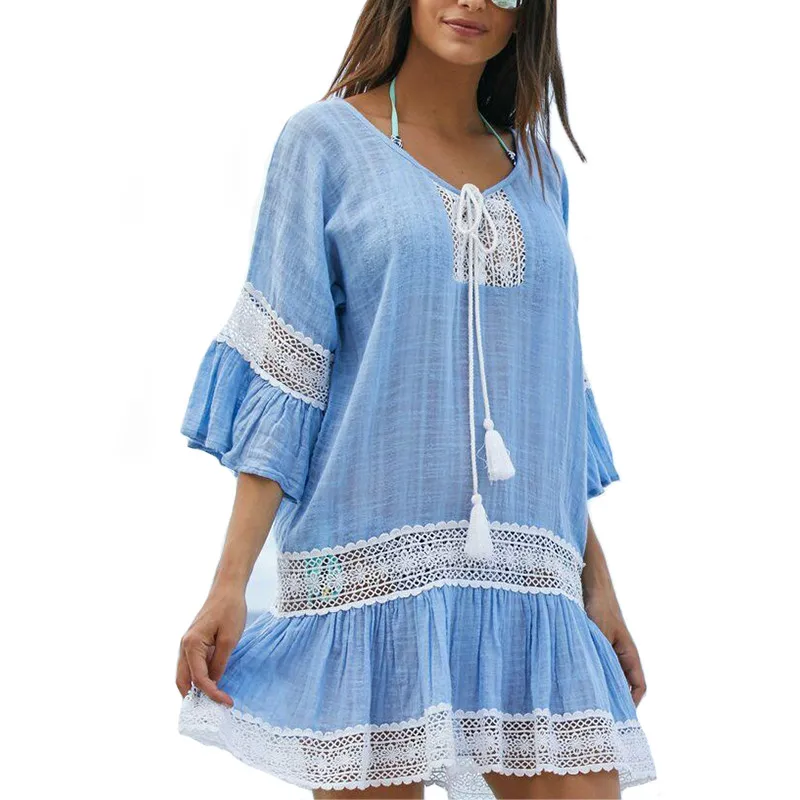 

2019 Sexy Beach Mini Sundress Hot summer Beachwear Holiday loose see-through bandage dresses Lace crochet Kaftan Boho clothes