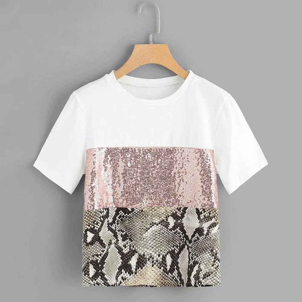 

Summer Casual Sequin Leopard Snake Stitching T Shirts Women Short Sleeve Round Neck Black White T-Shirts