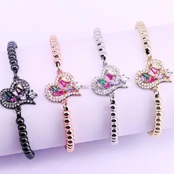 

High Quality 10Pcs Fashion CZ Zircon Micro Pave Heart Connector Charm Rope Braided Women Macrame Adjustable Bracelet