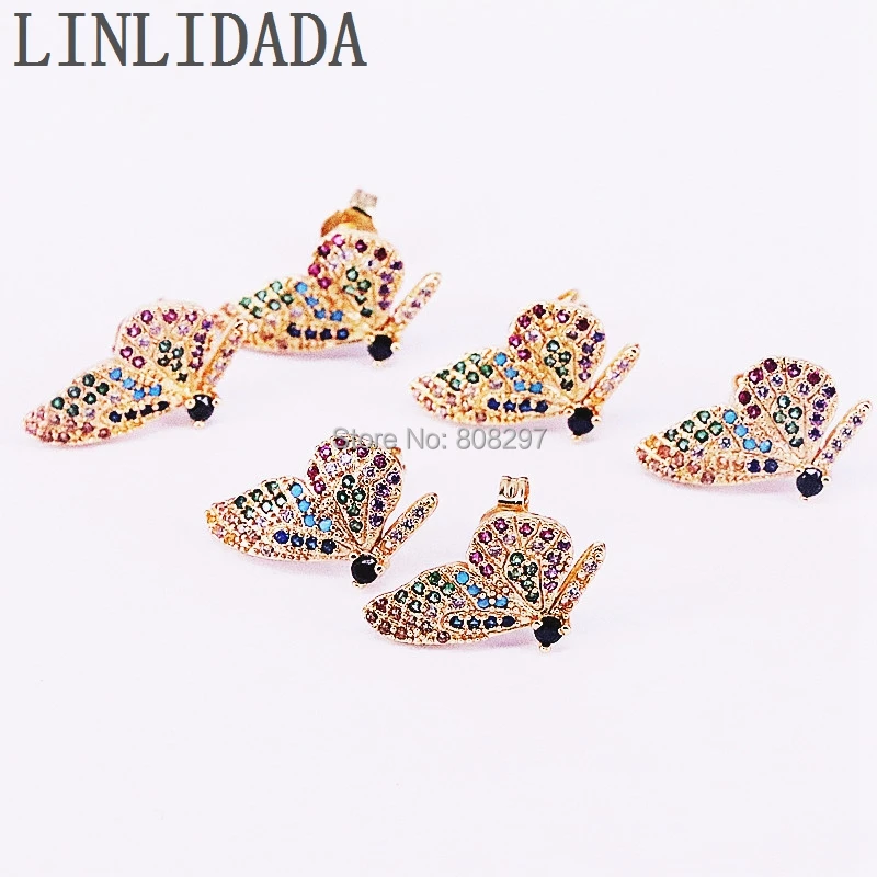 

10Pair Gold Color Earrings for Women Rainbow CZ Zircon Butterfly Stud Earrings New Fashion Jewelry
