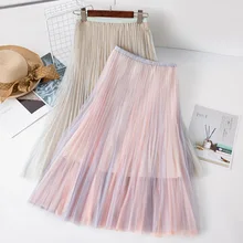 PEONFLY модные женские туфли Тюль Обычная плиссированные юбки Новинка весны Офисные женские туфли градации сетки юбка миди Высокая талия женские юбки