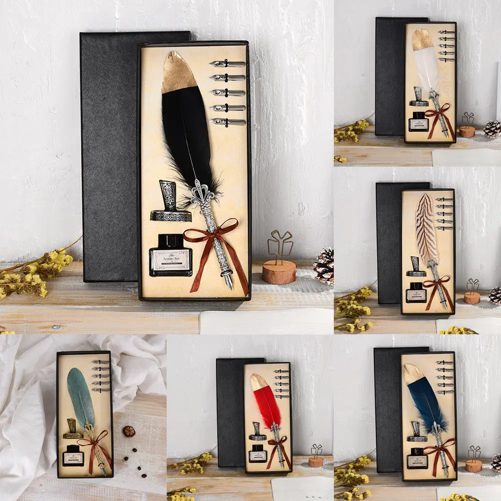 

2018 Hot Stainless Vintage Feather Dip Pen Set Quill Pen Calligraphy Writing Fountain Pen