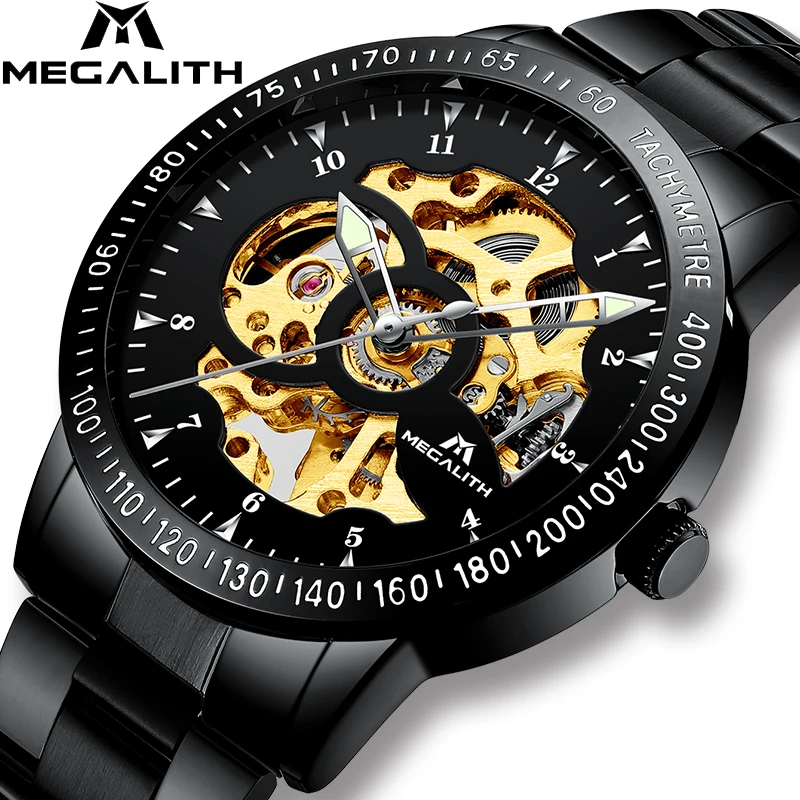 

MEGALITH Mens Watches Sport Waterproof Automatic Mechanical Watch Men Stainless Steel Strap Hollow Automatic Wristwatches Clock