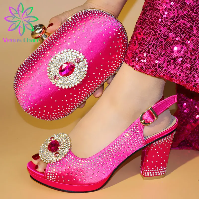 

Leather New Design Fuchsia Italian Shoes With Matching Bag Set Open Toe Wedding Shoes Women Shoes Dress Pumps with Crystal