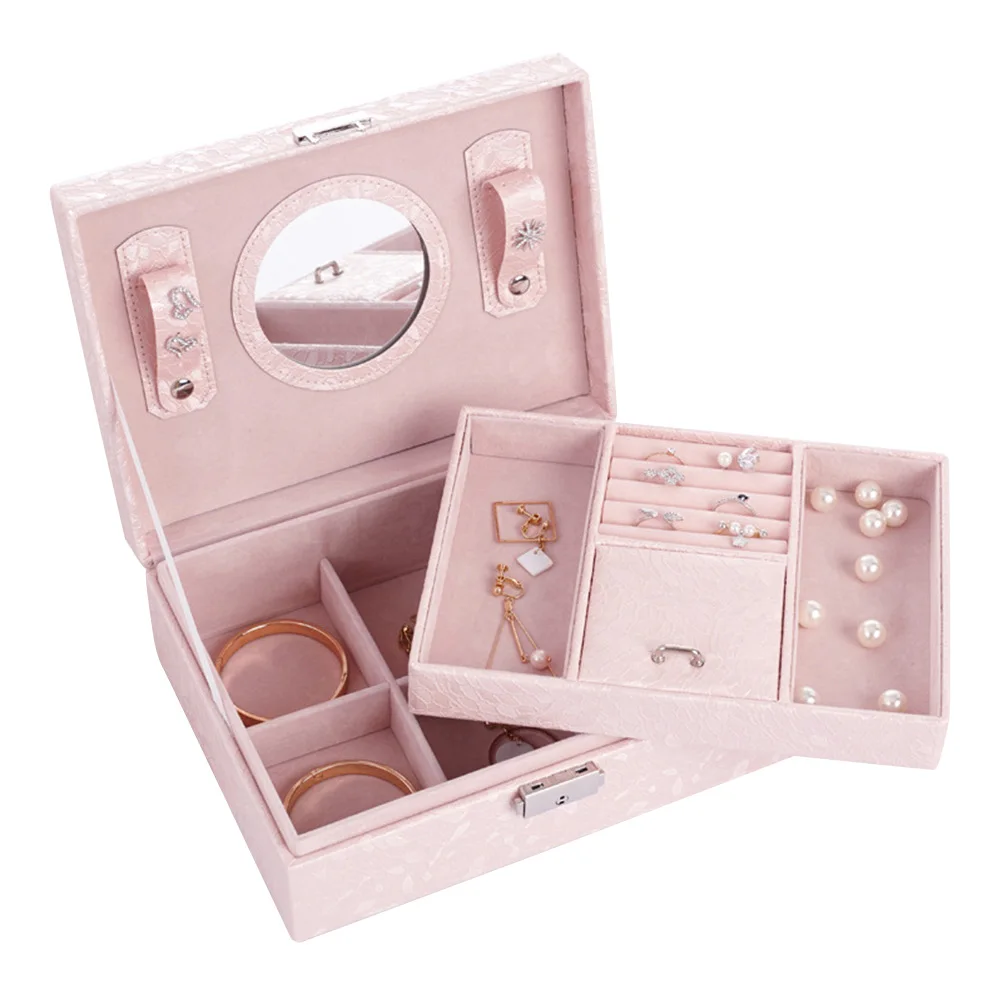 

European Style Jewelry Storage Box Portable Multifunction Jewel Case Jewellery Organizer with Lock for Women (Pink)