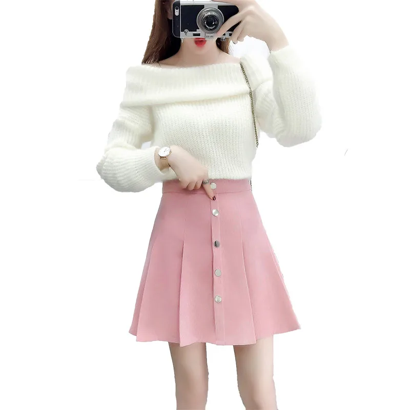 

knitting slash collar pullover loose sweater & tall waist a word pleated skirts women 2 pcs clothing set girl outfit cute vestid