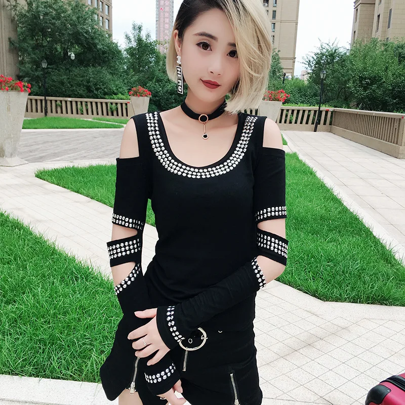 

#4262 Black Punk Rock T Shirt Rivet Hollow Out Long Sleeve Hip Hop T Shirt For Women Sexy Streetwear Off Shoulder Top Summer
