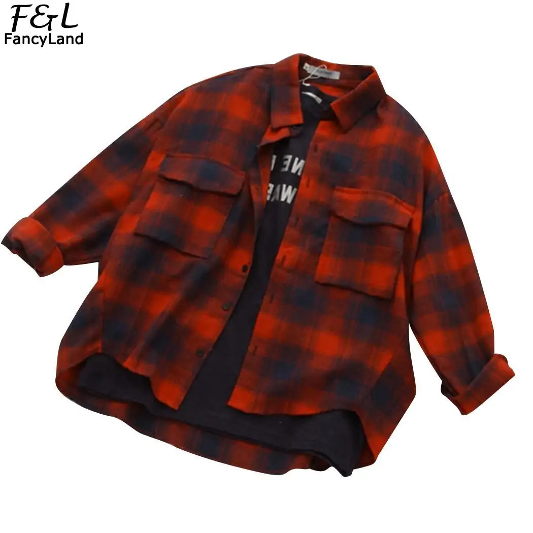 pockets Sleeve Front Blouses Plaid Shirt Shirt Women Women Long Casual Style Shirts BF Cotton Large Sleeve 2022 Long Buttons