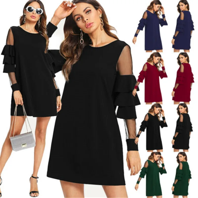 

2019 New UK Women Casual Sundress Long Sleeve Ladies Loose Short Dress Tops