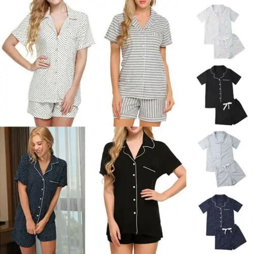 

New Women Cotton Pajamas Sets Summer Striped Pockets V-Neck Soft Shirts+Pants Shorts Robe Underwear Homewear Sleepwear Nightwear