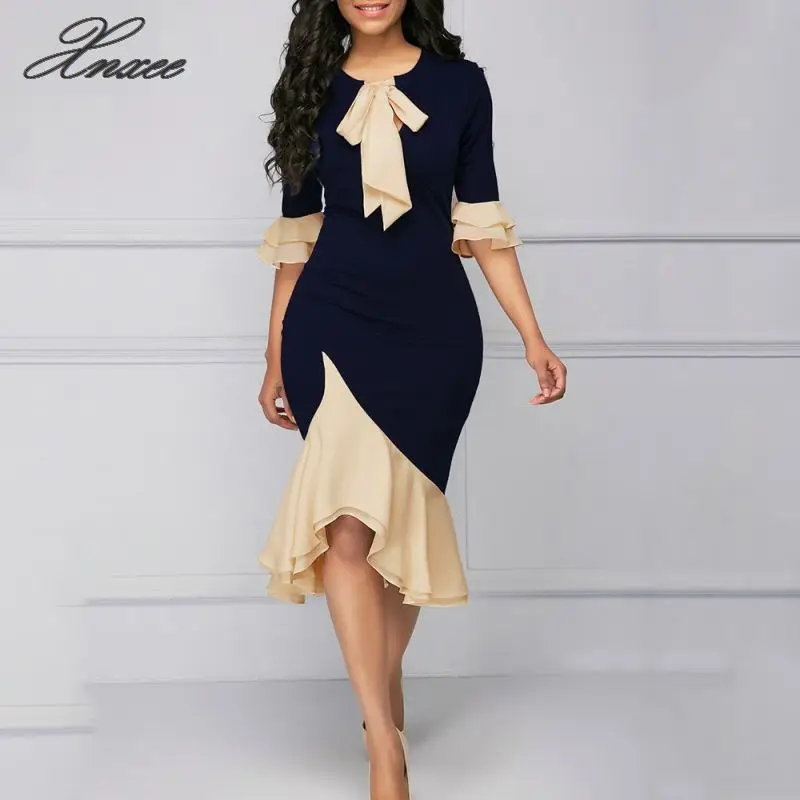 

Vintage Elegant Office Lady Women Dresses Bodycon Flare Sleeve Bow Collar Girls Sexy Female Retro Party Dress