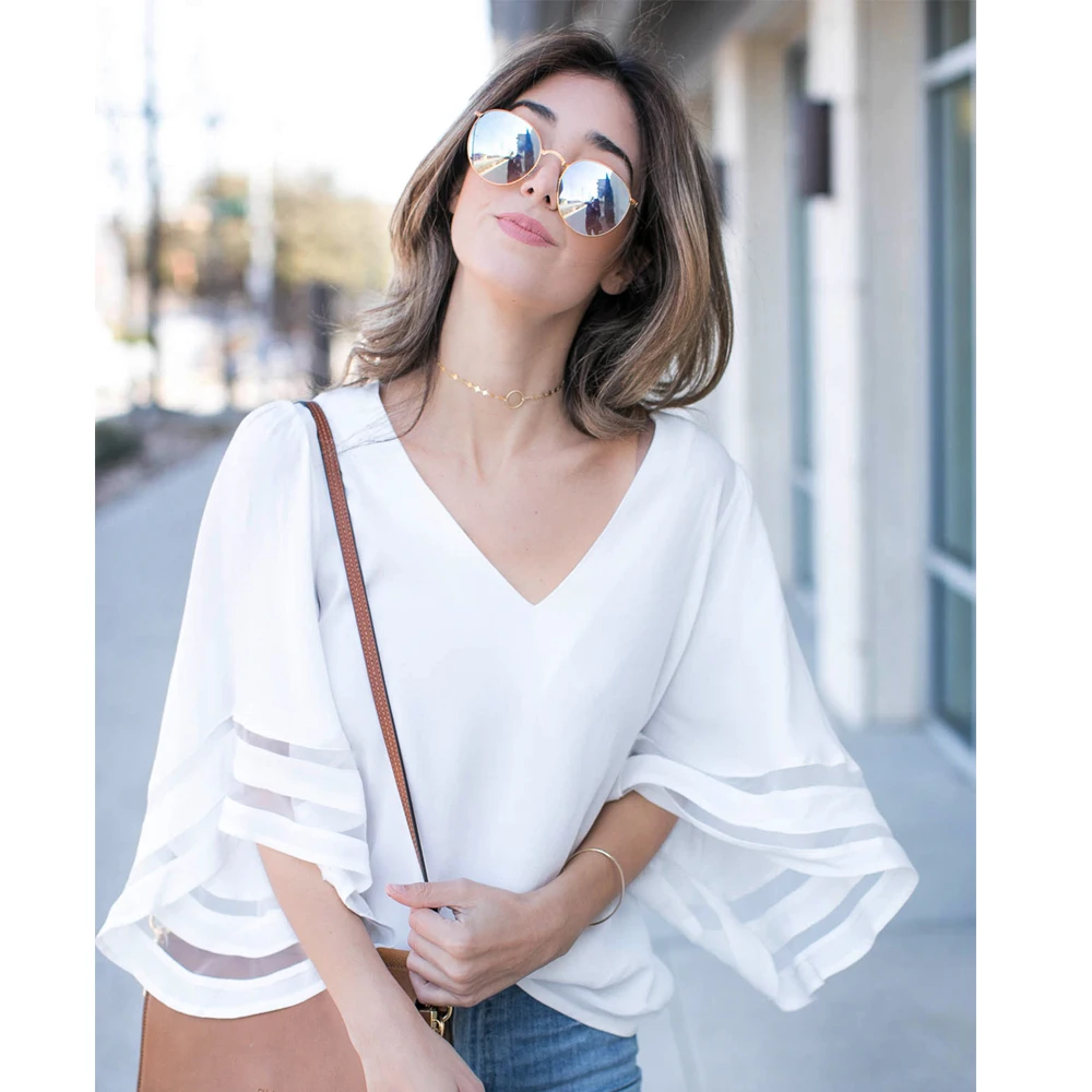 

2019 summer women chiffon blouses tops casual ladies loose flare sleeve shirts patchwork mesh shirts plus size women clothing