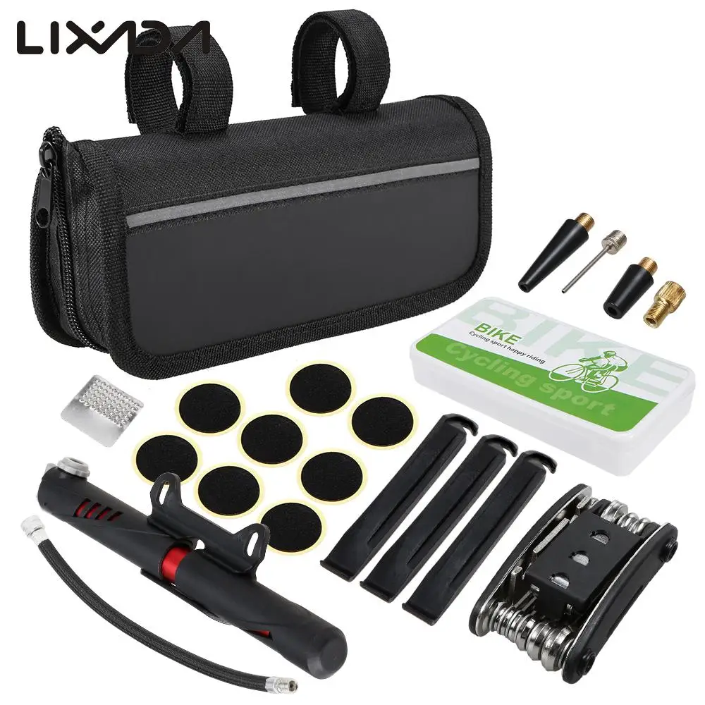 

Lixada Bike Repair Kit 120PSI Manual Pump 16-IN-1 Multi-functional Tool Bike Tire Rasp Patch Needle with Storage Pouch for MTB