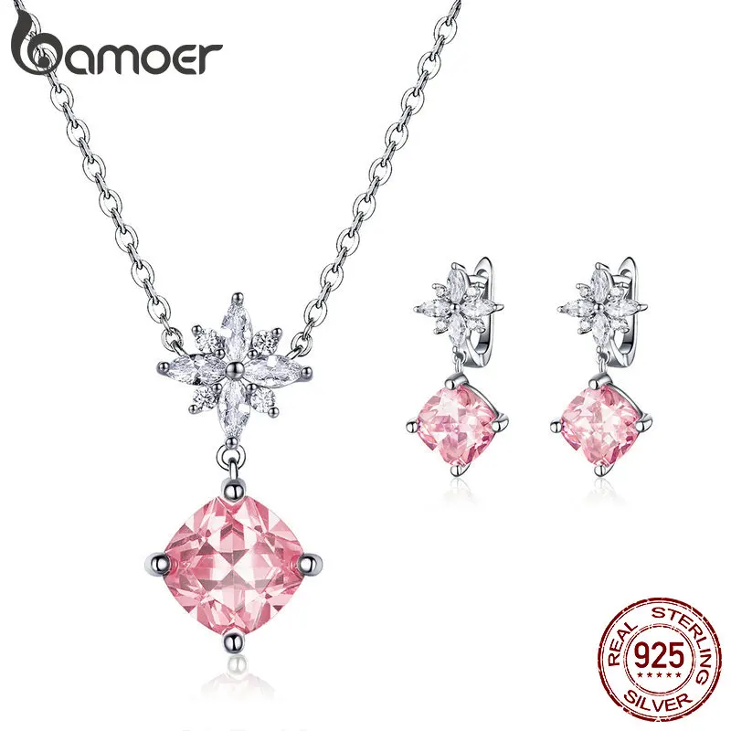 

BAMOER Crystal Jewelry Sets 925 Sterling Silver Pink Zirconia Stone Star Necklace and Earrings Women Statement Jewelry GUS111