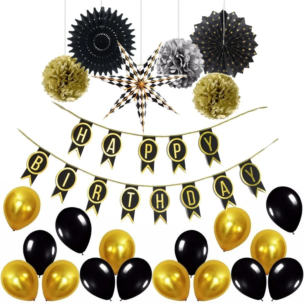

26pcs/set Gold And Black Adult Birthday Party Decoration With Happy Birthday Banner Metal Birthday Balloon For Birthday Supplies