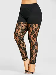 Wisalo плюс размер 5XL Высокая талия черные сексуальные цветочные кружева гибкие лосины женские обтягивающие прозрачные брюки в сеточку капри