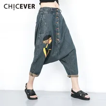 CHICEVER летние винтажные Женские джинсовые штаны с рисунком, эластичные штаны со средней талией и карманами свободного размера плюс, штаны-шаровары