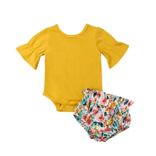 Newborn Baby Girls Yellow Flare Sleeve Bodysuit Tops Floral Shorts