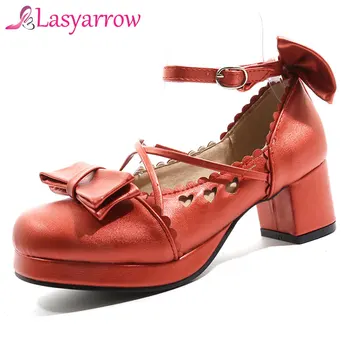 

Lasyarrow Plus Size 48 Lolita Mary Janes Women High Heels Shoes Sweet Bowknot Ruffles Dress Party Wedding Shoes Bridal Princess