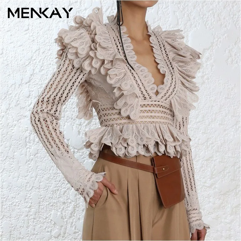 

[MENKAY] Streetwear Hollow Out Lace Ruffle V Neck Long Sleeve Tunic Tops Women Shirt Ladies Blouse Korean Fashion Clothing New