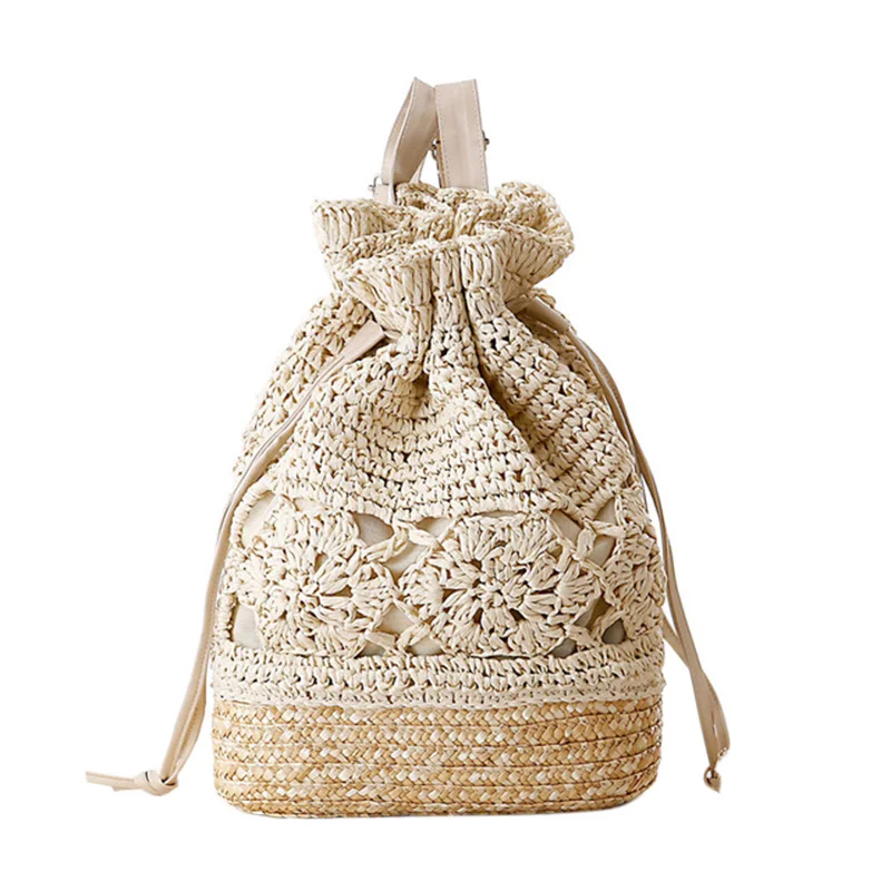

Summer Drawstring Lace Crochet Straw Beach Bags Designer Female Hollow Out Flower Handmade Knitted Backpack