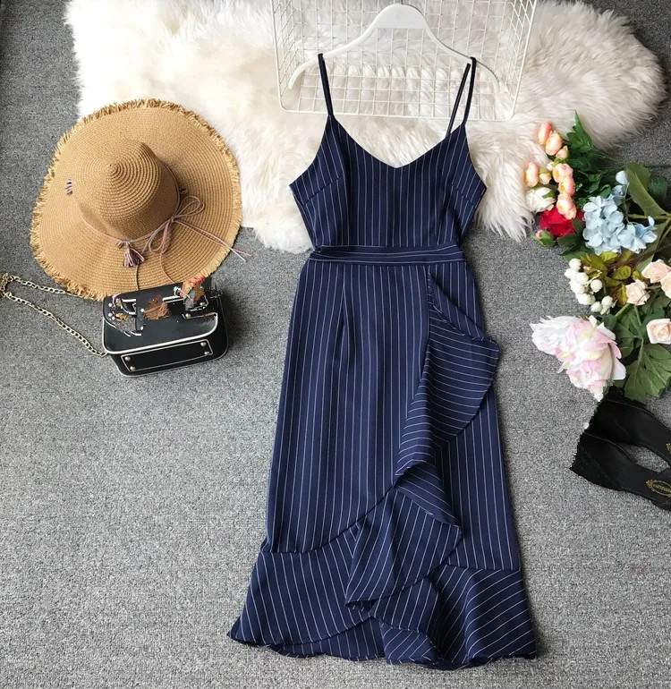 

2019 Summer Spaghetti Strap Striped Dress Women V-neck Sleeveless Ruffled Empire A-line Dress Irregular Mid Dresses
