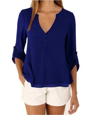 

2019 New Spring Summer temperament Female money Long sleeves V collar Easy Big code Chiffon shirt A186