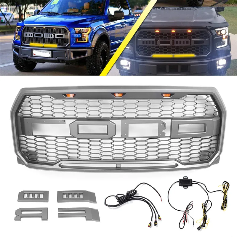 

1Set Car Front Racing Grille For Ford F150 Raptor 2015-2018 Auto Bumper Grille With Wire Harness LEDs Front Grille