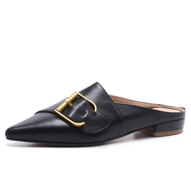 

Genuine Leather Women Mules Sexy Pointed-toe Buckle Slippers Summer Style 2 CM Low Heel Party Shoes Box packing 173A