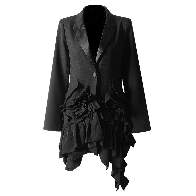 

[YaLee] New Fashion 2019 Spring Summer Black Notched Splicing Irregular Ruffles Long Sleeve Single Button Loose Coat Women U250
