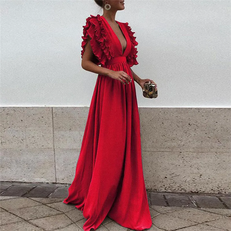 

Size L-3XL Women Summer Boho Dress Ruffles Fly Sleeve Solid Dresses Short Sleeve Long Maxi Dress V-neck Plus Size Beach Dresses