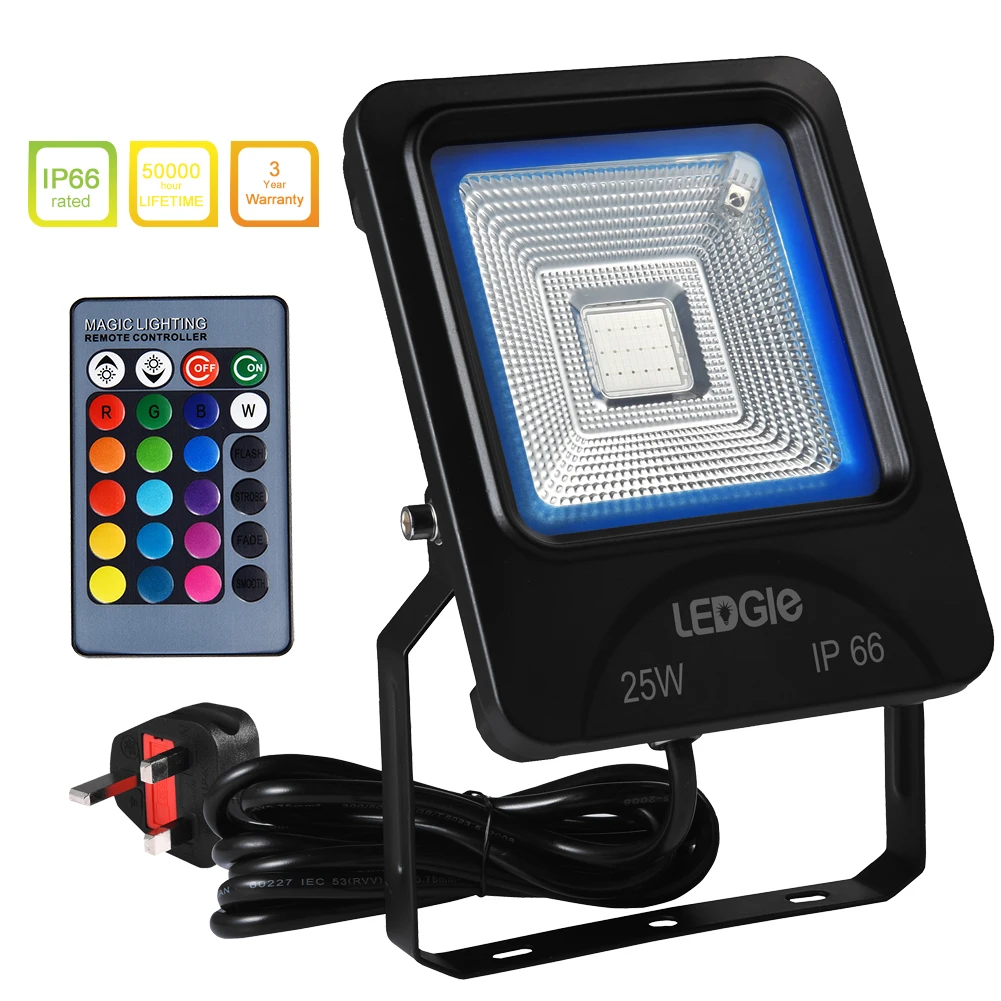 

LEDGLE Waterproof 25W LED Flood Lights RGB Floodlights with Remote Control, COB LED Chip, 16 Colors, 4 Lighting Modes