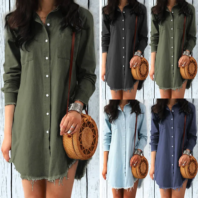 

2019 Fashion Women Dress Long Sleeve Denim Shirt Dress Casual Turn-down Collar Women Dress Tassels Loose Party Mini Dresses