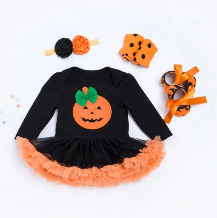 

Newborn Infant Baby Girls Clothes Sets 2018 New Girls Babies Cotton Long-sleeved Dress Halloween Pumpkin Dress Four-piece Suit