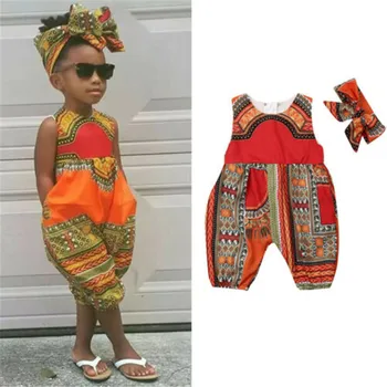 

0-5 Years Newborn Baby Rompers Set African Style Girls Cloths Set Sleeveless Striped Rompers For Girl Headband Baby Set Bodysuit