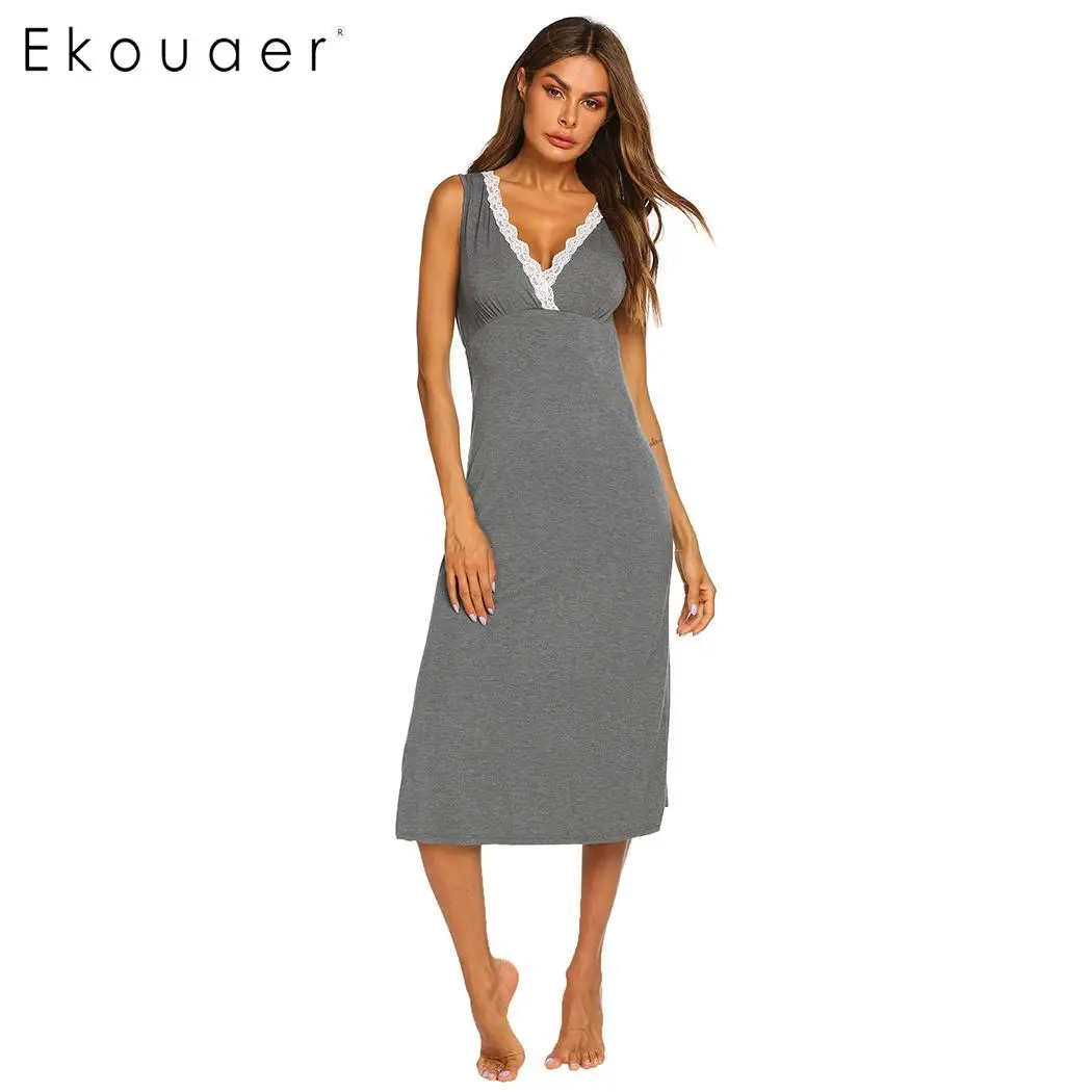 

Ekouaer Women Summer Nightdress Homewear V-Neck Sleeveless Lace Patchwork Nighties Sleepwear Female Home Dress