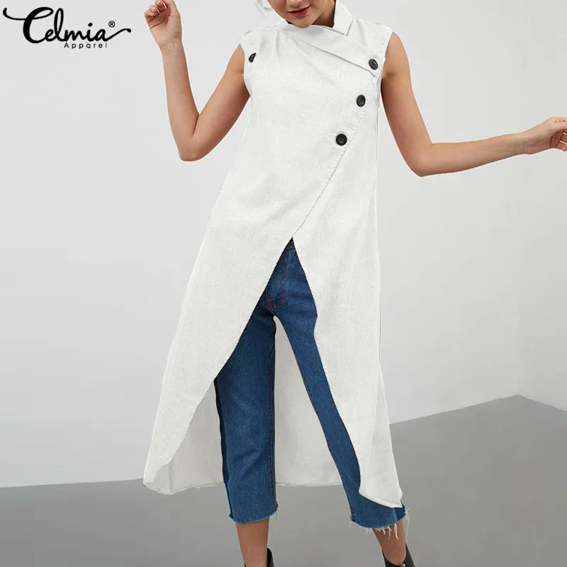 

Celmia Oversized Tops Fashion Women Split Long Blouse 2019 Summer Sleeveless Buttons Casual Long Asymmetrical Shirt Loose Blusas