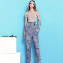Новинка года, весенние свободные штаны с дырками, с высокой талией, прямые джинсовые штаны на лямках, для женщин, NW19B6038