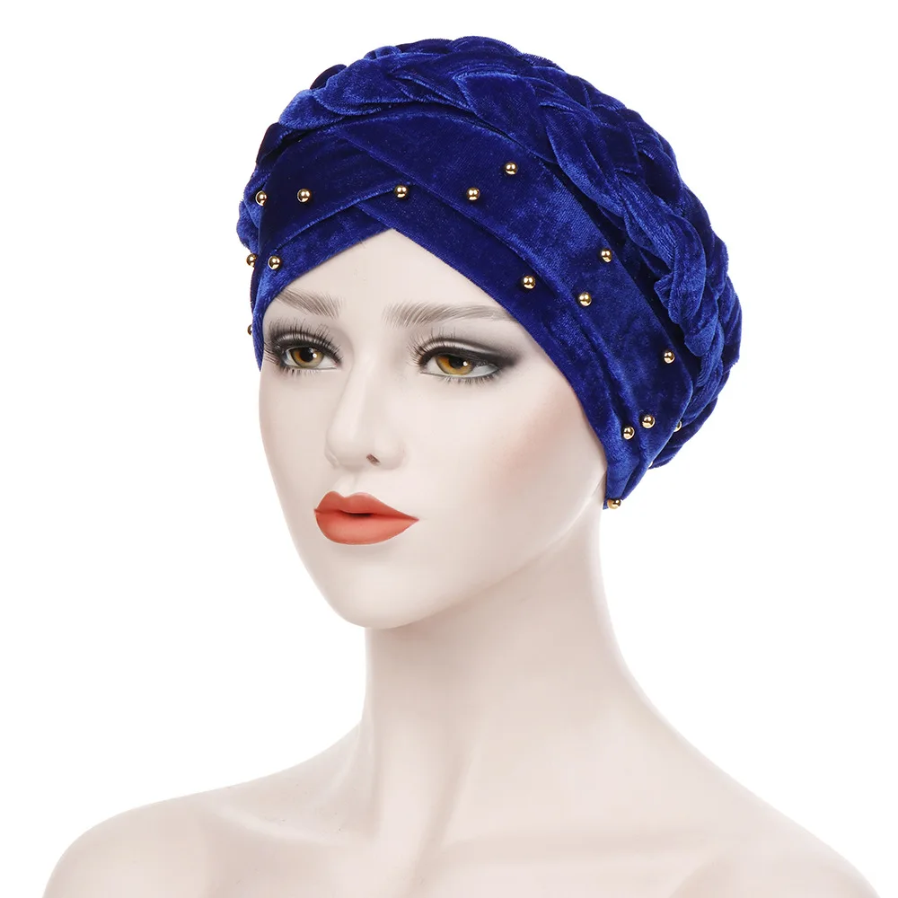 

Women Muslim Stretch Turban Hat Braid Wrap Chemo Cap Hair Loss Head Scarf Hijab Caps VELOUR Beading Type Islamic Dress