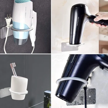 

Self Adhesive Hair Dryer Holder Wall Mounted Hairdryer Hanging Rack with Plug Stand Stainless Steel Hair Dryer Holder