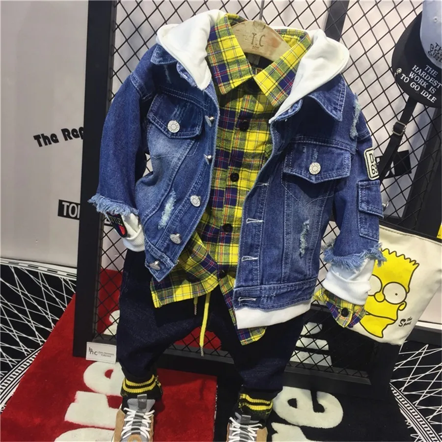 New!3PCS Baby Boys Long Sleeve Suit Coat Jeans Set Kids Outfits Hooded Shirt